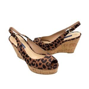 Stuart Weitzman NEW Jean Cappuccino Cheetah Slingback Peep Toe Wedge Sandals